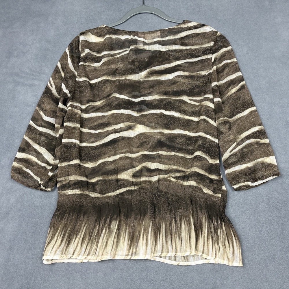 Chicos Size 1 US Medium Brown Abstract Sheer Ruffle Hem Blouse 3/4 Sleeve - Picture 3 of 7
